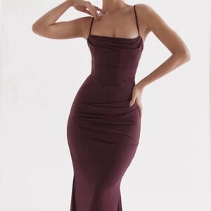 House of CB Cherry Red Ruched Strapless Gown